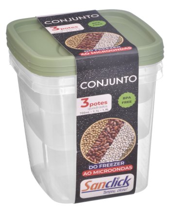 Conjunto c/ 3 Potes Quadrados Graduados ( 1 un. Pote 700 ml + 1 un. Pote 1,1 l + 1 un. Pote 1,9 l )