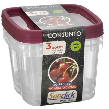 Conjunto c/ 3 Potes Quadrados Graduados 1,1 l